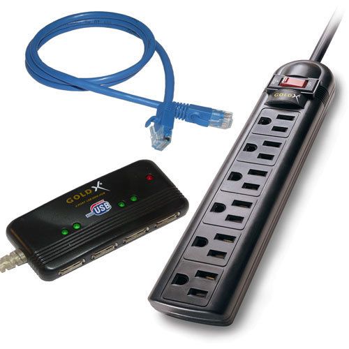 GoldX Surge Protector USB Hub 25 ft Cat 5e Universal Computer Combo