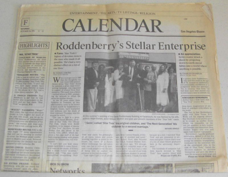 Los Angeles Times Calendar Section Gene Roddenberry