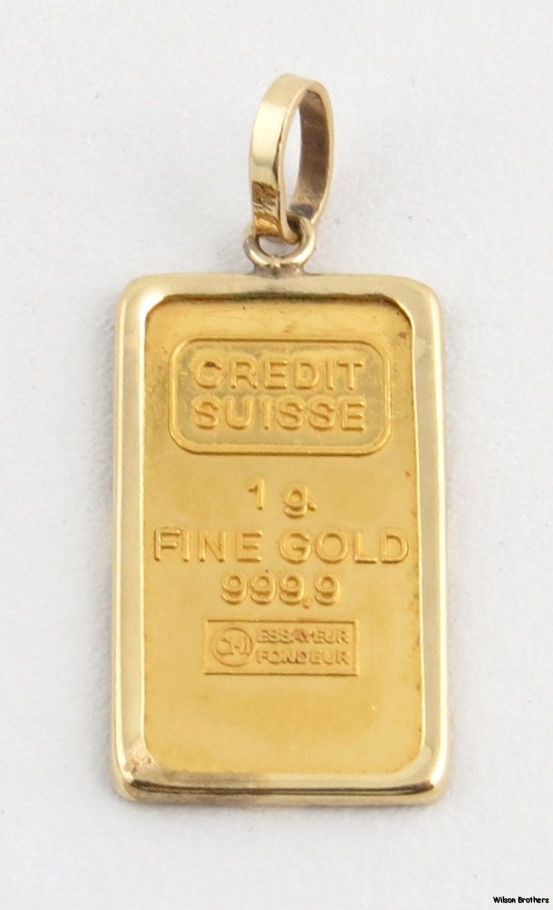 1g Pure Gold Bar Pendant   Credit Suisse 14k Frame 999.9 Fine Yellow
