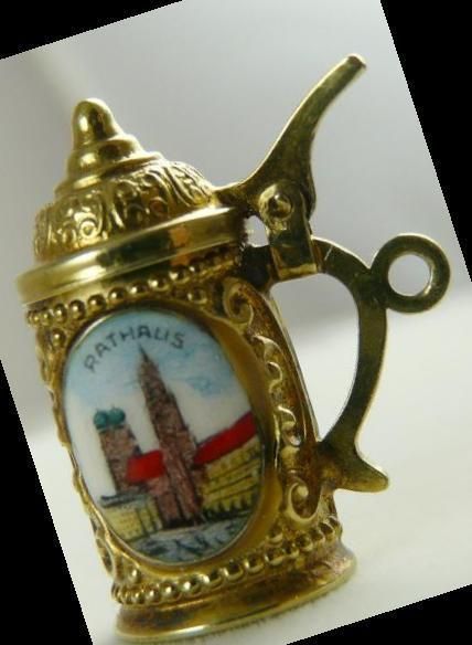 German Beer Stein Mechanical Enamel Charm Vintage 14K Gold Rathaus