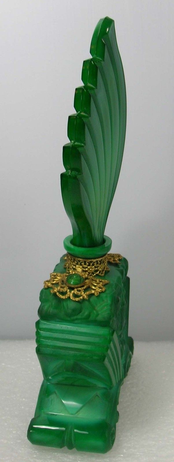 Art Deco Malachite Green Glass Perfume Bottle 1920s Signed
