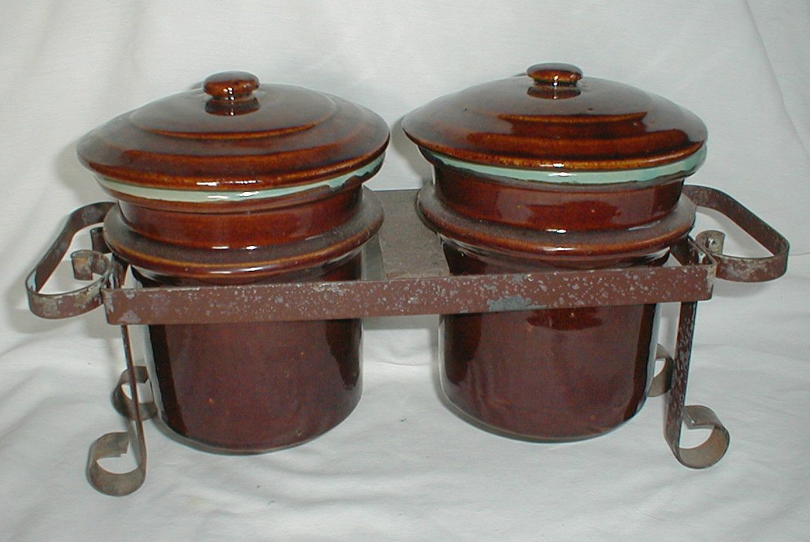  Pottery Double Bean Pots w Lids in Original Rack Village Green