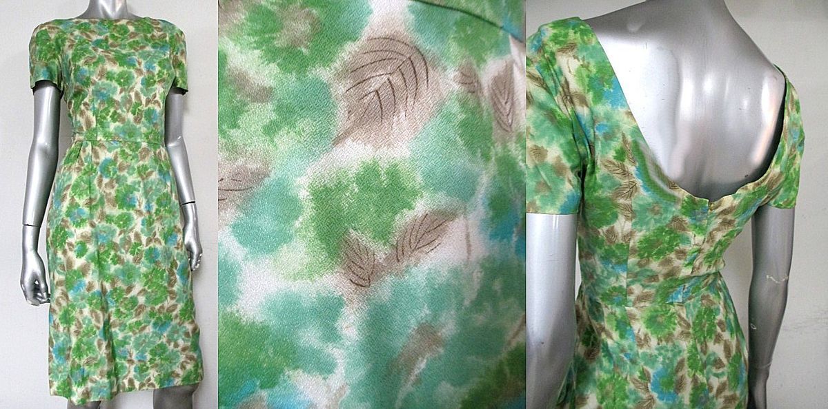 Vintage 1960s Meadow Etched Leaf Wiggle Dress Sz XS