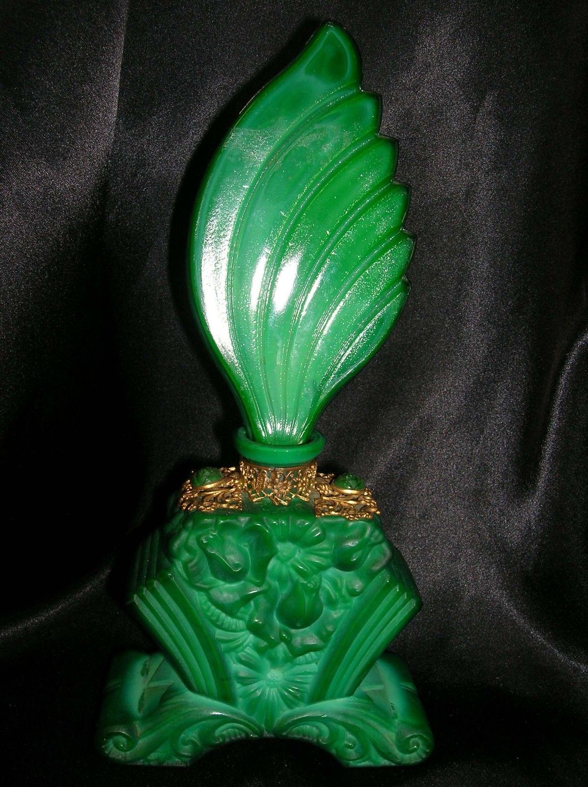 Art Deco Malachite Green Glass Perfume Bottle 1920s Signed