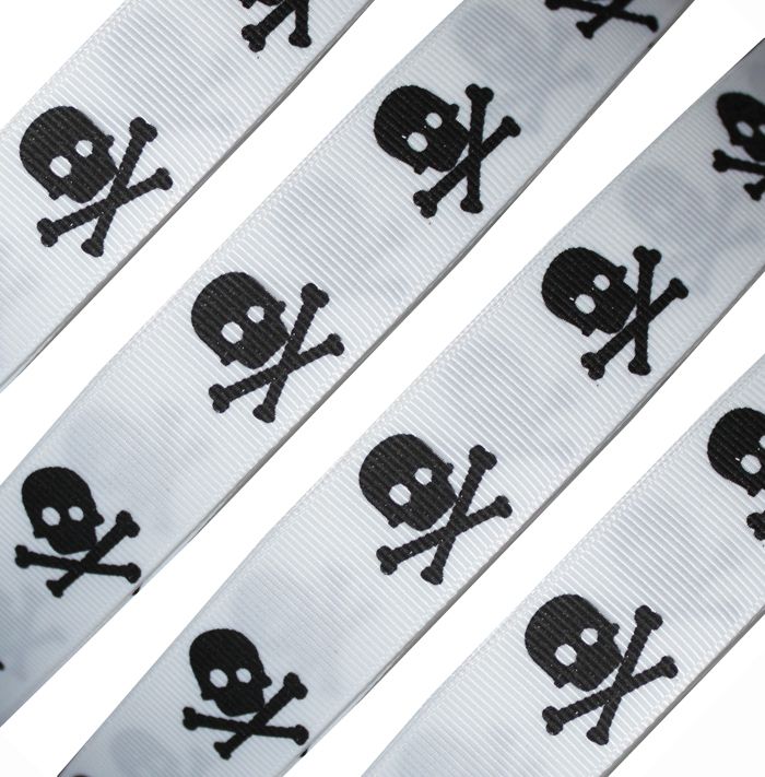  Black Skull Tibia Pirate Happy Halloween White Grosgrain Ribbon