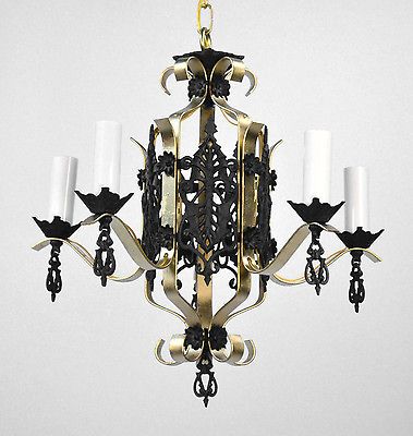 Art Deco Chandelier Gold Black Restored Ornate Tudor Revival Hanging