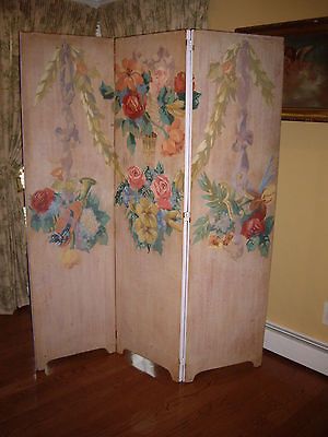 ANTIQUE FOLK ART 3 PANEL ROOM DIVIDER~WOOD DRESSING SCREEN~SIGNED