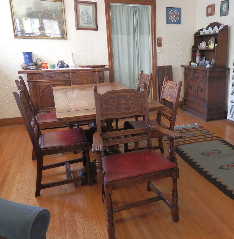 Antique 1930s Solid Mahogany Wood Dining Room Set Hutch Buffet Table 6