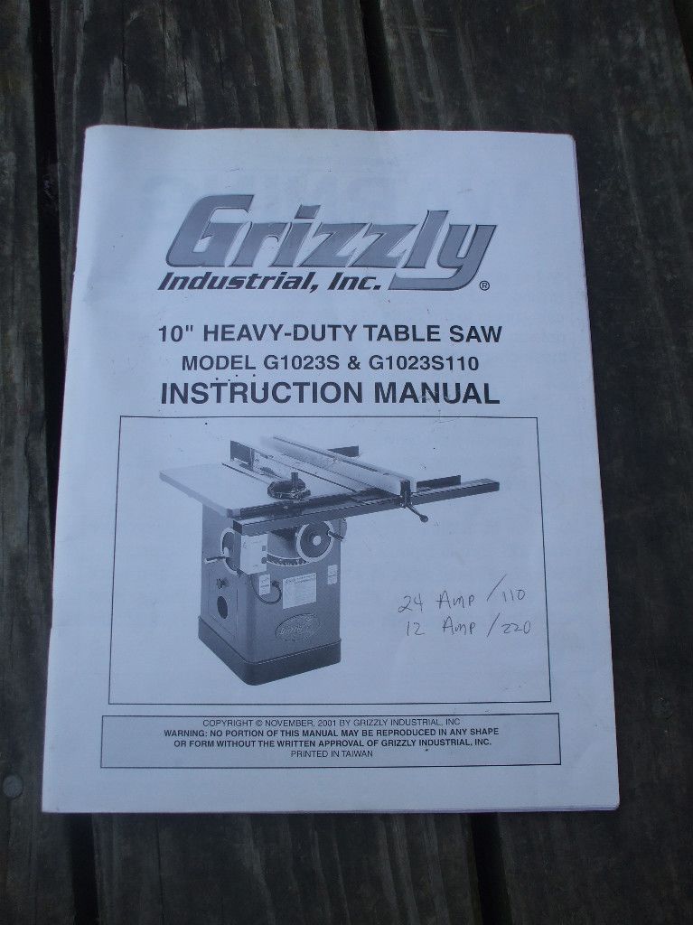 Grizzly Inst Parts Manual 10 HD Table Saw G1023S 110