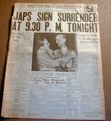 1945 WW II End Headline Newspaper Japanese Sign Surrender USS Missouri