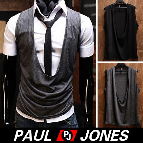  Low Cut Casual Slim Vest w Tank V Neck Black Grays US XS s M