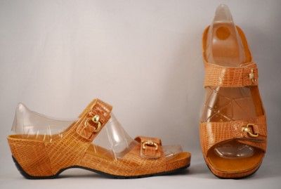 Womens Helle Comfort Tan Lizard Pattern Velcroed Slide Sandals US 8 5