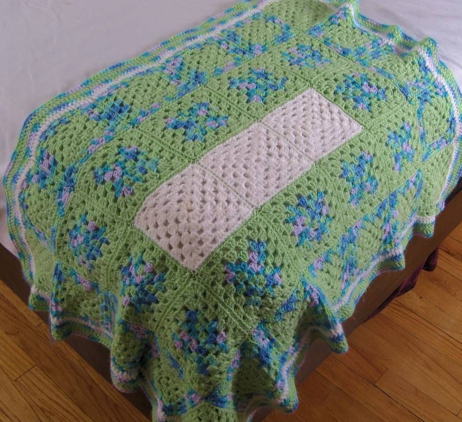 Granny Square Green White Blue Crib Afghan