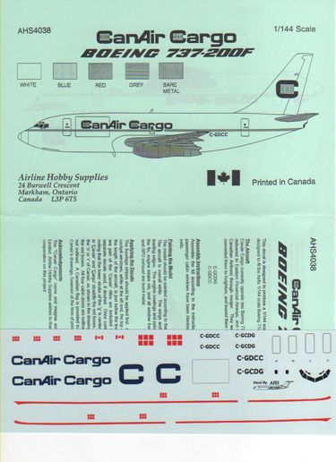 144 AIRLINE HOBBY SUPPLIES AHS4038 CANAIR CARGO AIRLINES BOEING 737