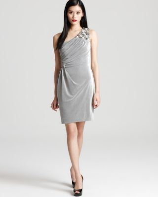 Hoaglund New Silver Jersey Embellished One Shoulder Cocktail Evening