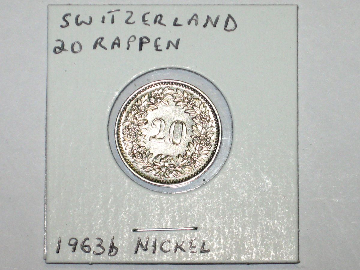 Vintage 1963B Switzerland 20 Rappen Coin Nickel Helvetia