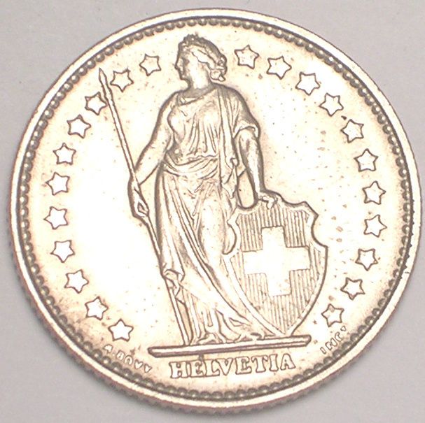 1969 Switzerland Swiss 1 Franc Helvetia Coin XF