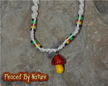 Mens Womens Hemp Necklace choker w/RASTA Reggae beads & Glass Mushroom