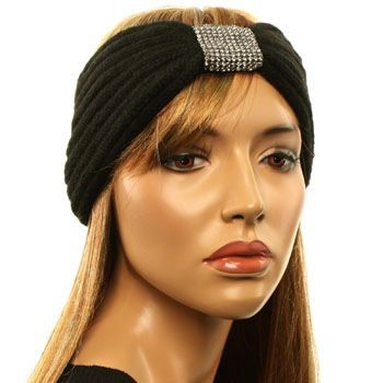  Bling Ribbed Hand Knit Handmade Headwrap Headband Ski Black s M