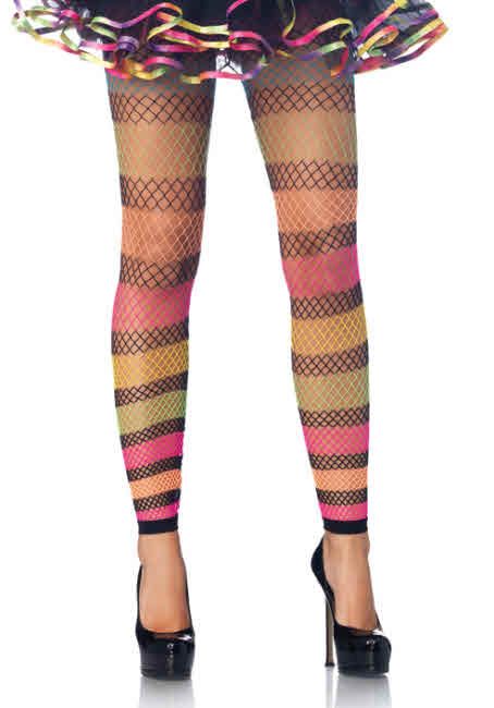  Rainbow Stripe Fishnet Footless Spandex Mix One Size Legging Hosiery