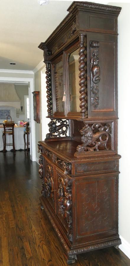 Antique French Hunt Cabinet Hutch Buffet Bookcase Louis XVI Dark Oak
