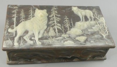Incolay Stone Trinket Box Wolves Wolf Sardonyx Brown
