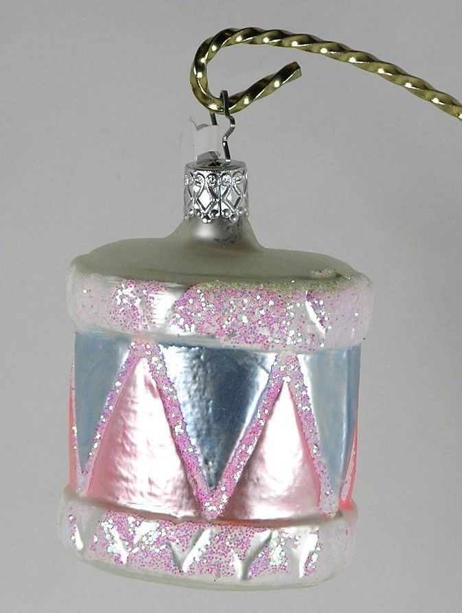 Inge Glas Ornament DRUM Pink & Baby Blue First Glass Christmas Tree