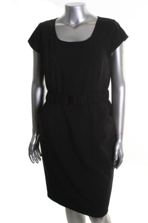 Calvin Klein New Black Solid Cap Sleeves Scoop Neck Seamed Wear to