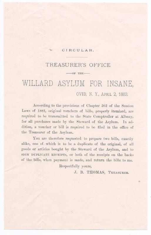 0794 Willard Insane Asylum 1883 flier J B Thomas Ovid NY mental