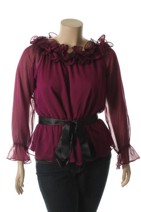 Jr Nites New Purple Chiffon Wire Ruffled Belted Long Sleeve Blouse Top
