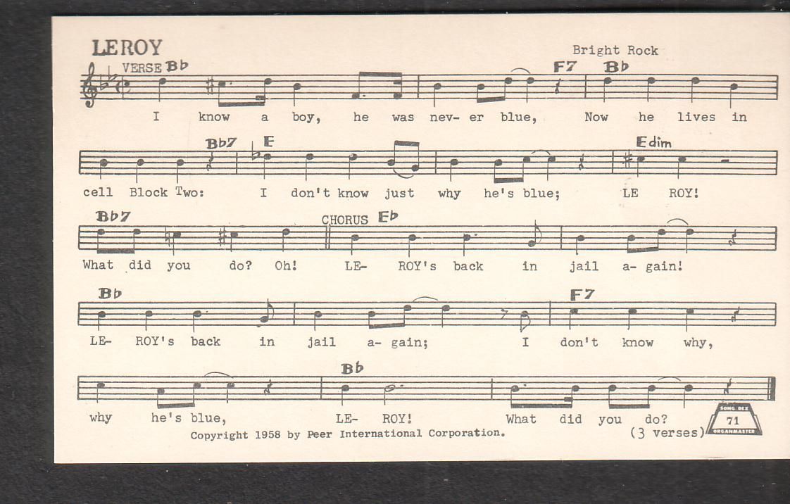 Jack Scott 1958 Performing Rights Information Card Leroy