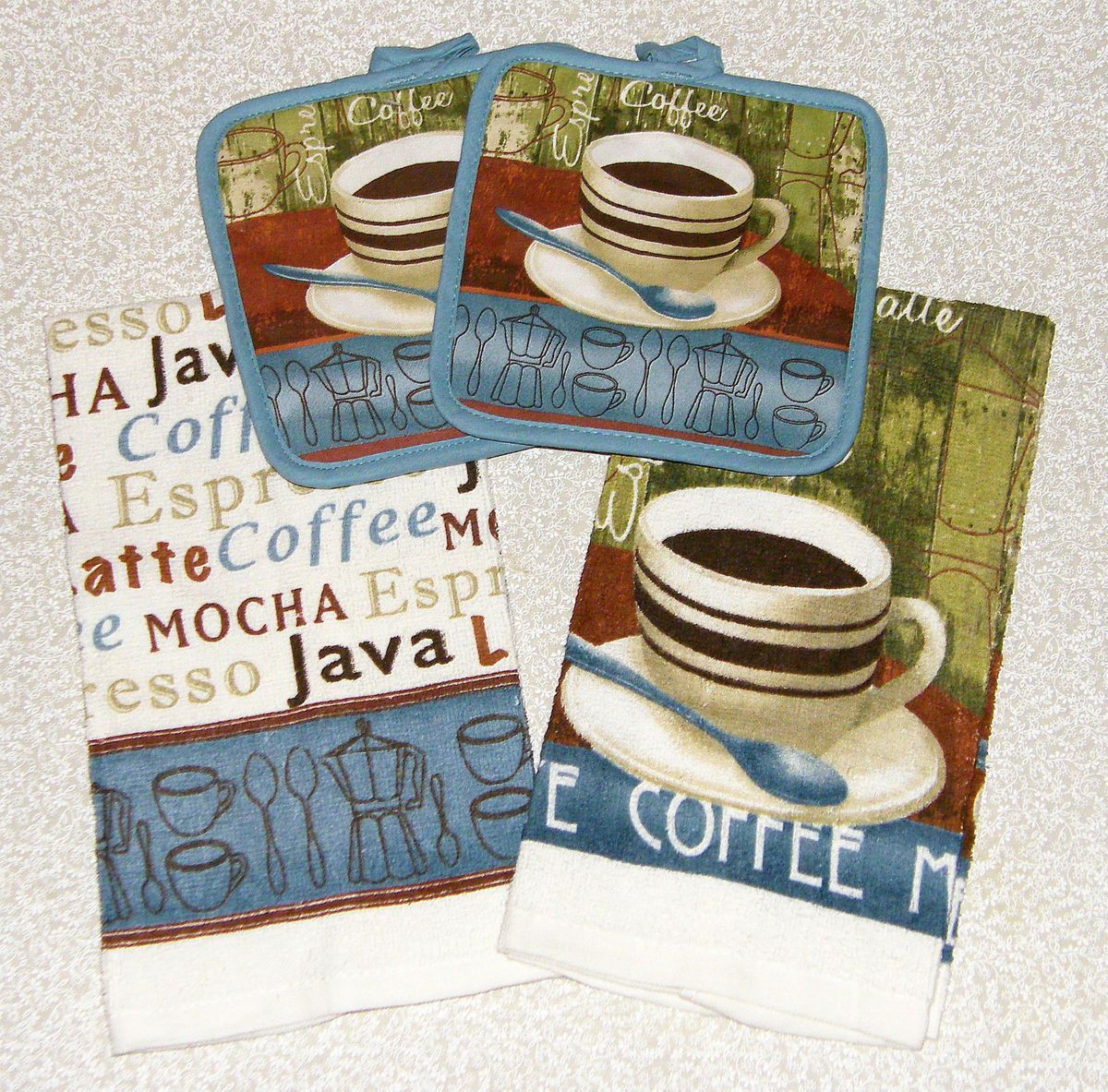 COFFEE Time Mocha Latte Espresso Java Blue Green Kitchen Towels + Pot