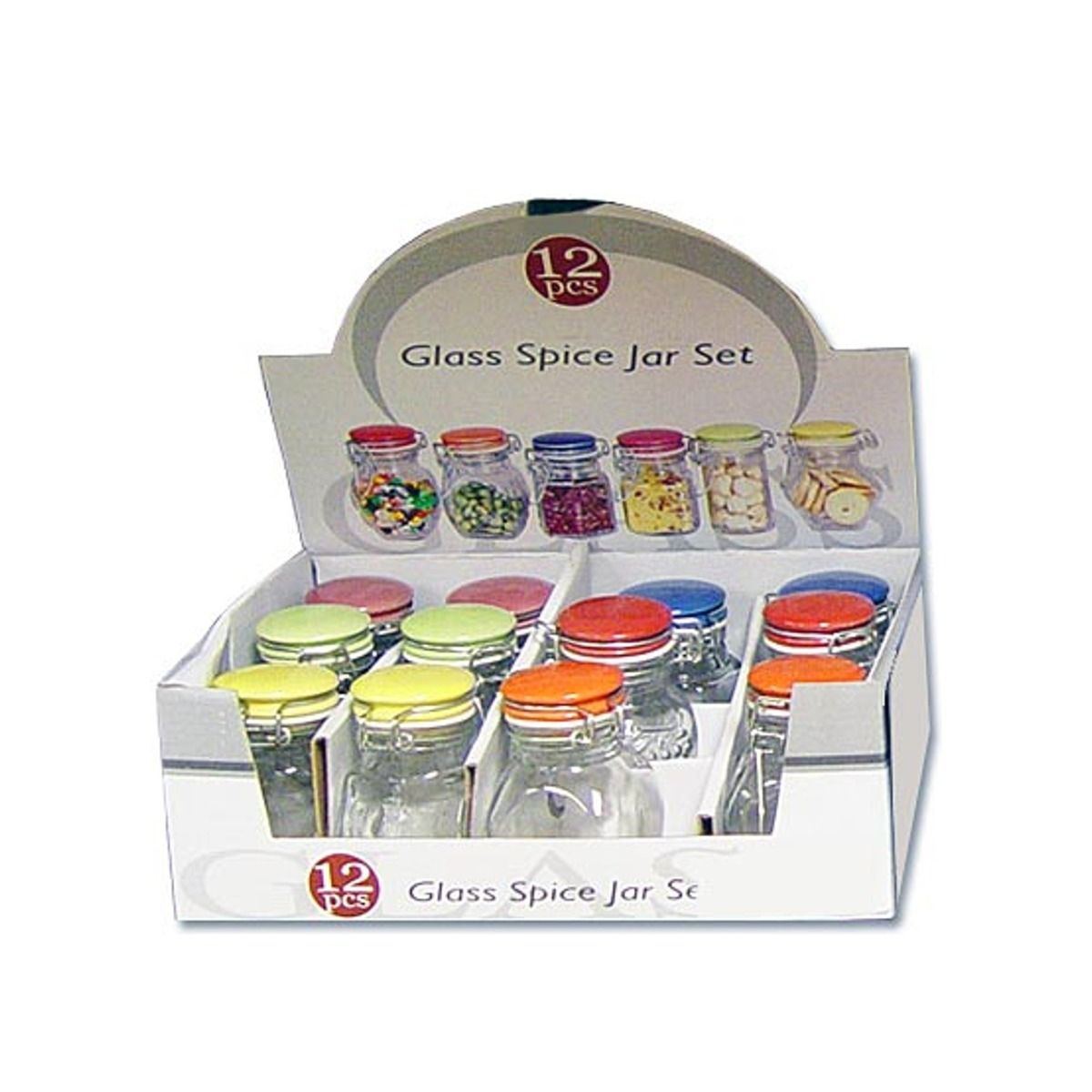 Spice jars all have colored locking lids. They are 3.5 tall each and