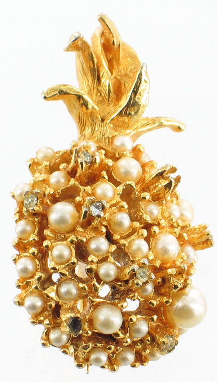 Vintage Alice Caviness Pineapple Pin with Rhinestones and Pearls