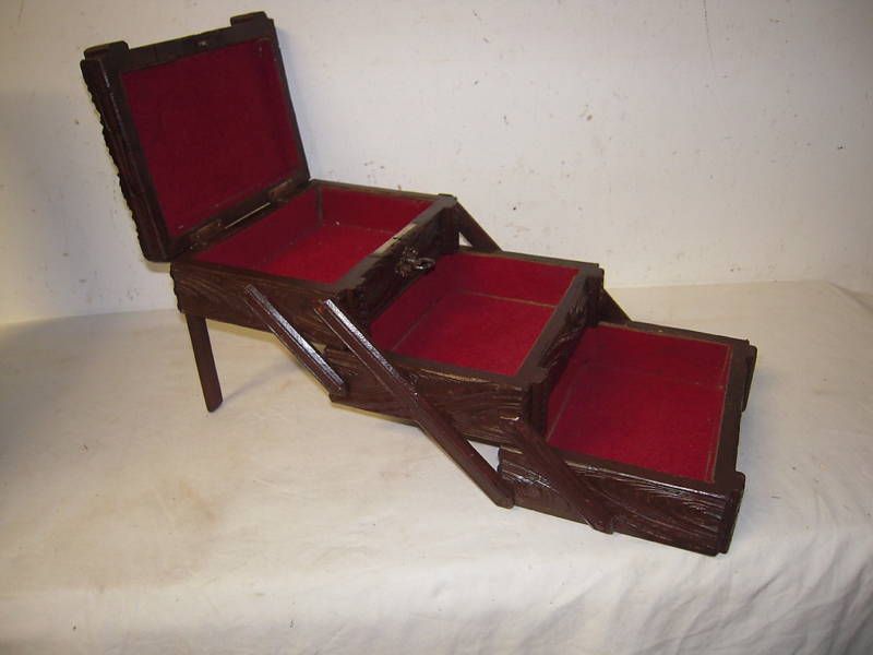 Carved Wood 3 Tiered Black Forest Jewelry Box Chest