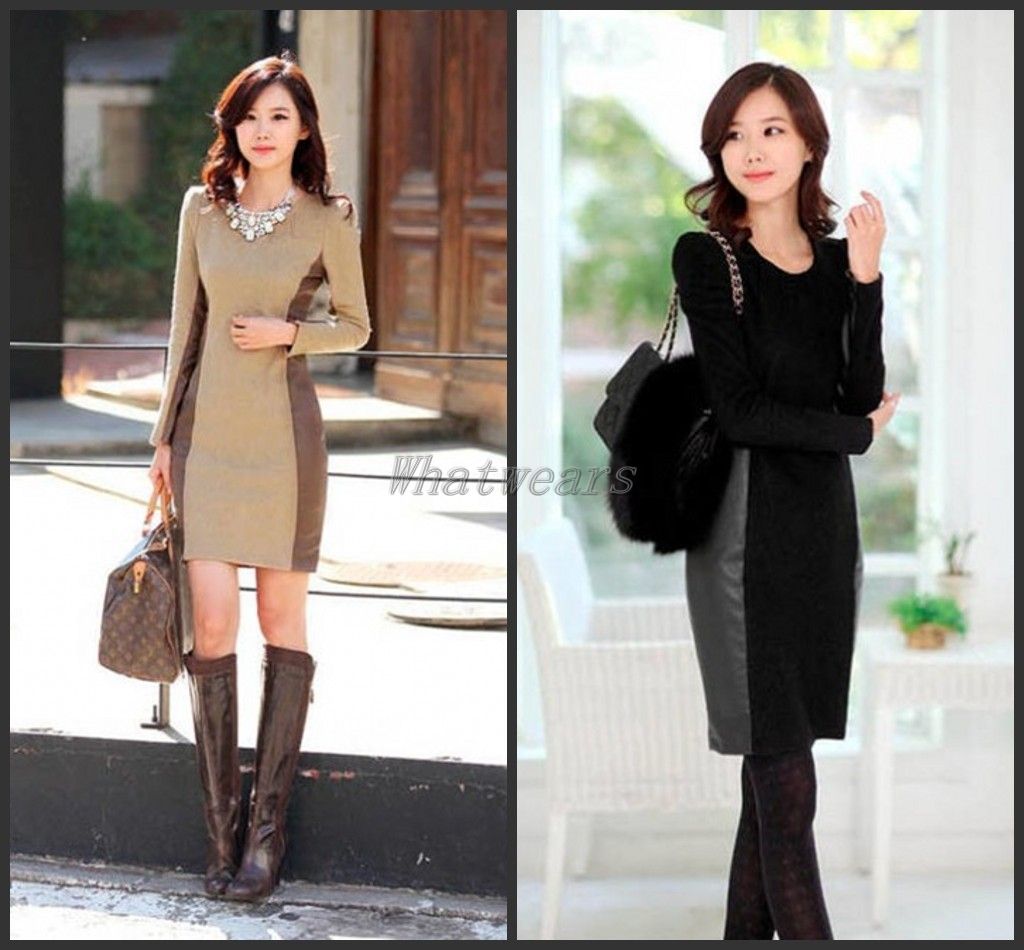 JJ Womens Elegant Patched Contrast Color Slim Long Sleeve Dress