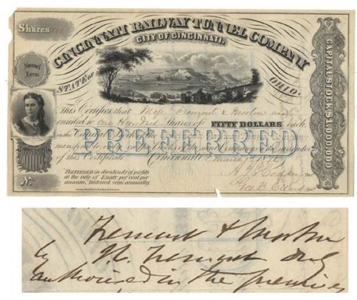 Cincinnati RW Tunnel Co issued Signed John C Fremont