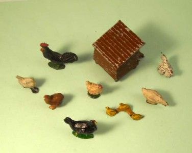 Vintage Lead Farm Chickens and Coop 1950s by T B Johillco Timpo and Britains  