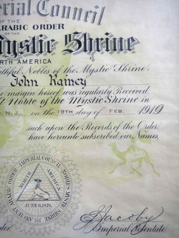 1919 antique NOBLES MYSTIC SHRINE ancient arabic order JOHN RAINEY trenton nj  