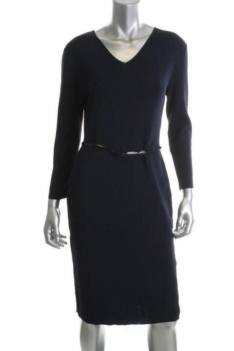 Jones New York NEW Blue 3 4 Sleeve V Neck Belted Wear to Work Dress S BHFO  