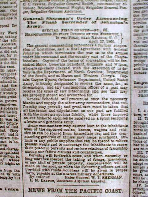 2 1865 Newspapers Civil War End Final Surrender by Confederate Army Gen Johnston  