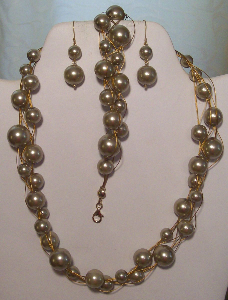 Vintage Danecraft Taupe Glass Pearl Necklace Set 3 Pcs 925 Vermeil