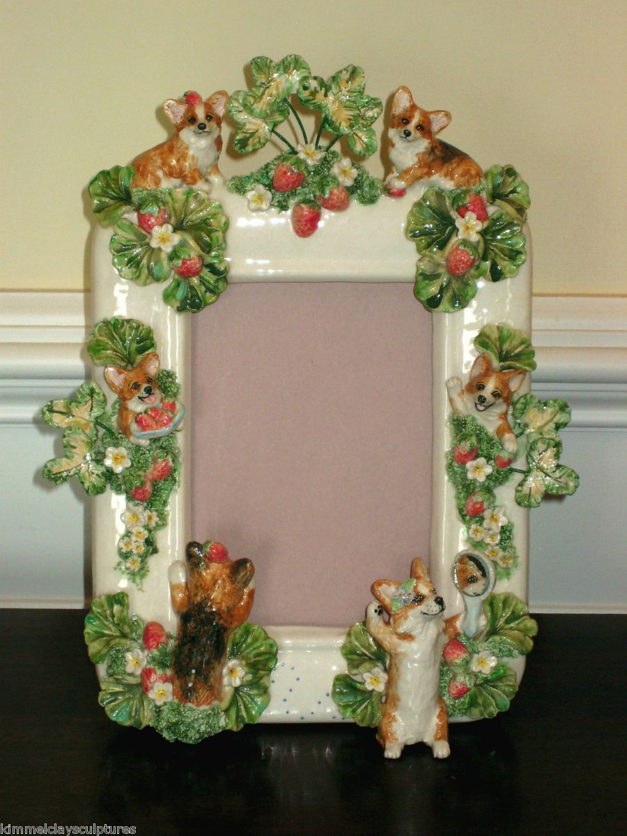 Kimmel OOAK Sculptures Corgi Strawberry Fields Mirror Picture Frame