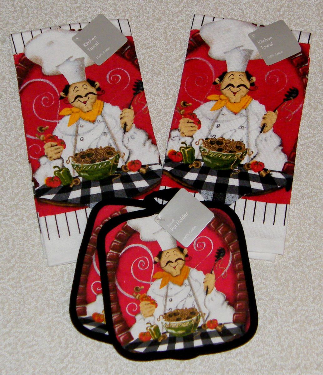 PC Fat Chef Bistro Decor Kitchen Towels Pot Holder Set New