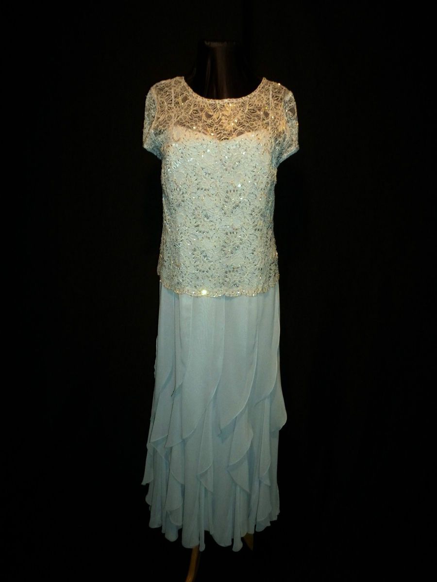 KM Collections 50690 Blue Lace Chiffon Cruise Mob Evening Gown Sz 18