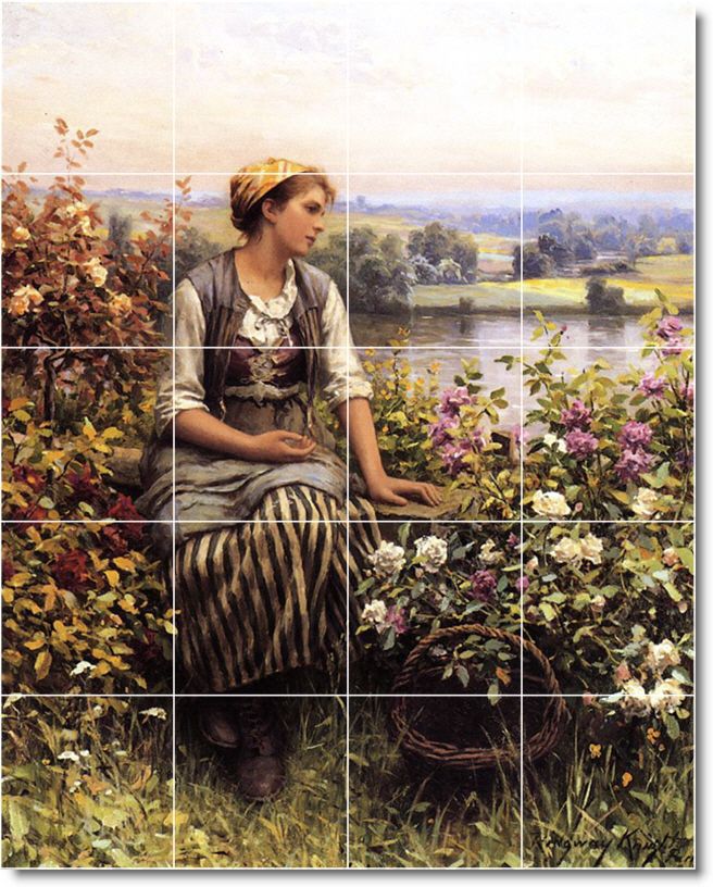 XL Daniel Ridgway Knight Garden Scene Painting Ceramic Wall Tile