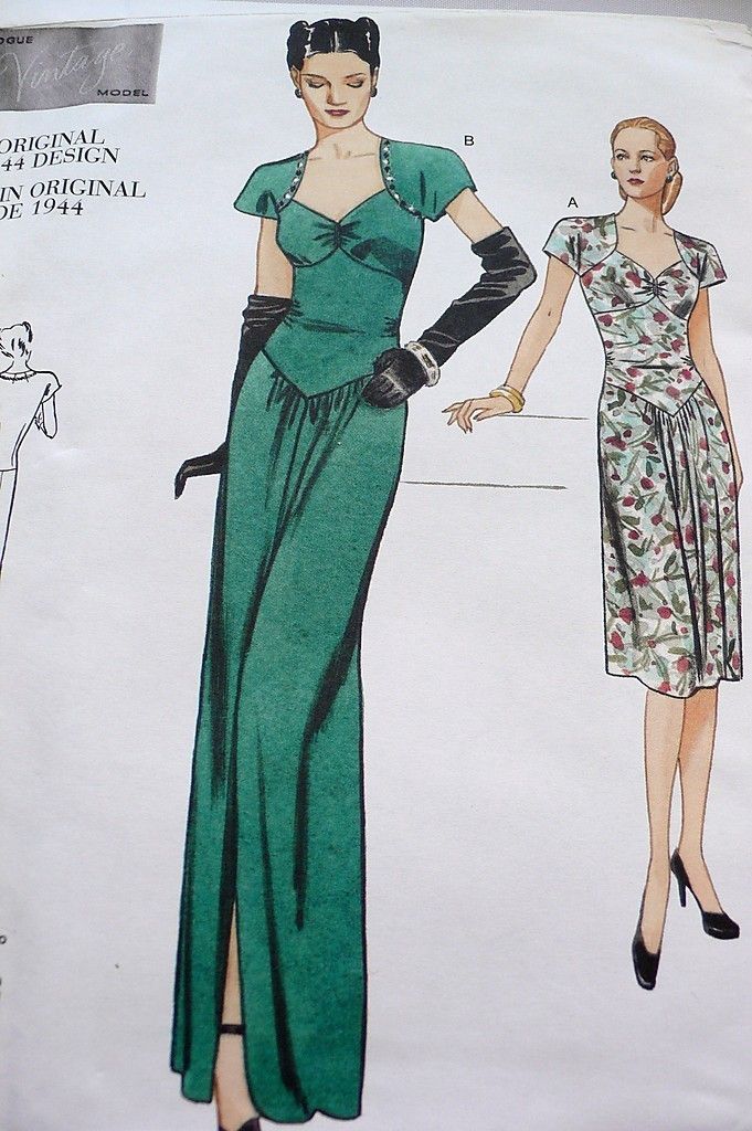 VTG RETRO 40s VOGUE V2858 MISSES DRESSES SEWING PATTERN 1944 DESIGN SZ