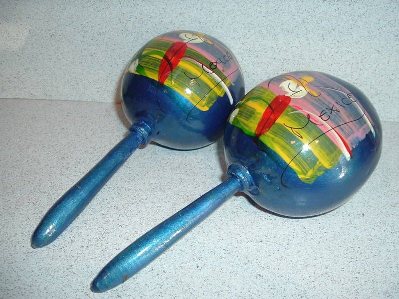 Older Mexican Painted Gourd Maracas Marked Mexico