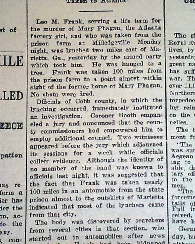 1915 Newspaper Leo Frank Lynching 1st Report Mary Phagan Murder Jewish