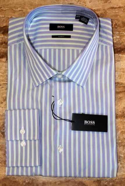 Hugo Boss Lenz Blue Green Striped Dress Shirt